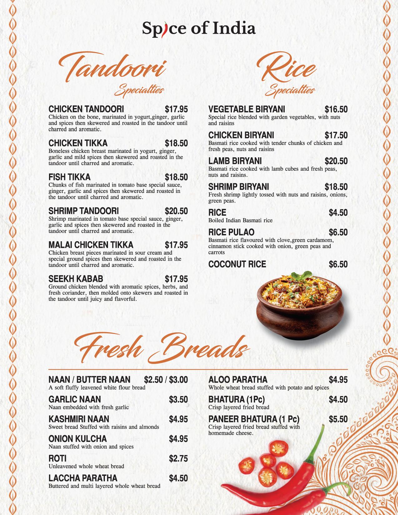 Menu page 4 — Tandoori, Rice & Breads